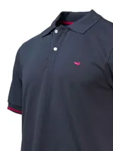 Remera tipo polo color verde agua, de corte clásico, con cuello abotonado y mangas cortas con ribete azul.