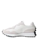 Championes New Balance Life Style 327, color blanco con logo "N" negro sobredimensionado en el lateral, capellada de gamuza y nylon, y suela con patrón tipo trail.