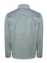 Campera polar celeste de poliéster reciclado con aplicaciones de tela canvas de algodón en los hombros, dos bolsillos frontales con cierre, bolsillos internos, cuello alto y cierre completo.