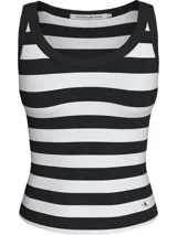 Musculosa Calvin Klein Jeans a rayas horizontales blancas y negras, con cuello redondo y logo CK en el ruedo.