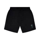 Short deportivo negro de malla con cintura elástica ajustable con cordón y logo bordado en verde agua en la pierna derecha.