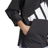 Canguro negro de Adidas, con capucha ajustable con cordones, bolsillo tipo canguro y logo de Adidas estampado en blanco en el pecho.