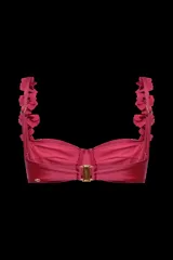 Top de bikini de lycra rosa oscuro, con corte media copa, aro y tirantes con bordado floral 3D en muselina.