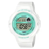 Reloj digital Casio color blanco con detalles en verde agua.
