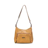 Bandolera negra de cuero sintético con dos bolsillos frontales con cierre, apertura superior con cierre, bolsillos internos con cierre y abiertos, bolsillo trasero con cierre y correa larga regulable a tono.