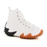 Zapatillas deportivas de caña alta color blanco con suela gruesa en dos tonos: blanco y marrón en la parte delantera, y blanco y negro en la parte trasera.
