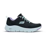 Championes Skechers Arch Fit Comfy Wave color negro con detalles en lila y celeste. Capellada de malla knit, cordones, plantilla Arch Fit removible y media suela con amortiguación.