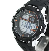 Reloj Mistral digital deportivo negro con detalles en naranja, correa de silicona negra y caja plateada.