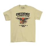 Remera color crema de algodón con estampado del logo de la banda Creedence Clearwater Revival, un águila con alas extendidas y la leyenda "California 1967 Emexem".