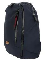 Mochila unisex azul marino de poliéster reciclado, con compartimento principal con cierre a prueba de agua, cintas de compresión internas, dos bolsillos interiores de malla con cierre, compartimento acolchado para laptop de 16 pulgadas, bolsillo delantero con múltiples compartimentos, bolsillos laterales con cierre para botellas, bolsillo superior con cierre para anteojos, correa compresora de pecho, correas de hombro ajustables, espalda acolchada y ergonómica, forro interior 100% poliéster reciclado e incluye llavero mosquetón.