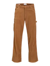 Pantalón de pana color marrón con corte recto, bolsillos delanteros y traseros, cierre con cremallera y trabilla para martillo.