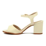 Sandalias de tacón Ramarim color dorado, con tira ancha sobre los dedos, pulsera al tobillo con hebilla y tacón bloque.