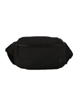 Riñonera o bolso cruzado unisex de lona negra, con forma rectangular y cierre principal. Posee un bolsillo frontal y uno trasero.