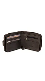 Billetera de cuero marrón oscuro con tapa y broche metálico, visor transparente, compartimentos internos y cierre seguro.