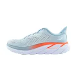Championes Hoka Clifton 8 para mujer, color celeste con detalles en naranja y blanco.