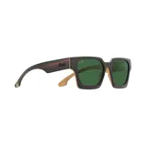 Lentes de sol con marco cuadrado de madera color marrón oscuro y lentes verdes.