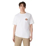 Remera blanca de manga corta con bolsillo en el pecho y logo de Dickies estampado.