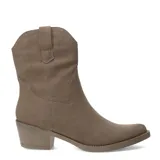 Botas texanas de mujer color negro, con caña media y diseño de costuras decorativas características del estilo cowboy. Poseen taco cuadrado de altura media y punta redondeada, confeccionadas en material sintético con acabado tipo gamuza.