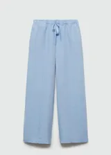 Pantalón wide leg celeste de lino con cintura elástica ajustable con cordón.