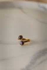 Anillo dorado ajustable de acero quirúrgico hipoalergénico con dos piedras redondas de color violeta.