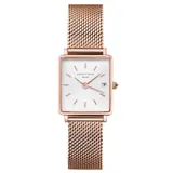 Reloj Rosefield modelo The Boxy XS QMWMRG-Q040, con caja cuadrada de acero color oro rosa, esfera blanca perlada con función de fecha y correa de malla de acero inoxidable color oro rosa.