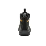 Bota Caterpillar de cuero nobuck impermeable color negro con cordones amarillos, forro interno de nylon en malla suave y respirable, plantilla acolchada de espuma, entresuela de EVA duradera y liviana, suela de goma duradera y con gran tracción.