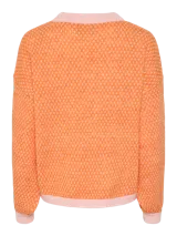 Suéter de punto jacquard color naranja con cuello redondo y ribetes en rosa.