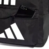 Mochila Adidas clásica de color negro con tres barras blancas verticales en la parte superior y el logo de tres barras horizontales en la parte inferior. Cuenta con un compartimento principal con cierre y un bolsillo frontal con cierre.