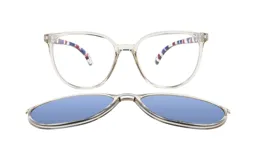 Armazón de acetato gris con clip-on polarizado azul para lentes de sol.