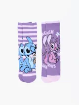 Pack de dos pares de medias de caña media con diseño de Stitch y Angel sobre fondo lila.