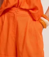 Short de corte sastre color naranja, confeccionado en mezcla de lino y viscosa. Presenta cintura alta con pliegues frontales, bolsillos laterales y ruedo plegado.