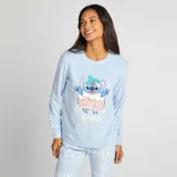 Conjunto de pijama celeste con estampado de Stitch, compuesto por un buzo de manga larga y un pantalón largo con puños.