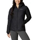 Campera puffer color salmón con capucha, cierre frontal y bolsillos laterales con cierre. Cuenta con tecnología termorreflectante Omni-Heat™ y puños con orificios para los pulgares.