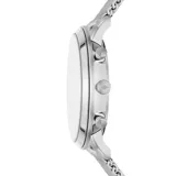 Set de reloj Fossil Neutra con caja plateada de 42mm, esfera negra con cronógrafo y números romanos, y malla de acero inoxidable plateada. Incluye pulsera trenzada de cuero negro con detalles plateados.