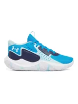 Championes de básquet Under Armour UA Jet 23, color celeste y azul, con logo en el lateral y suela blanca con detalles en celeste.