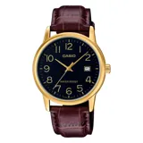 Reloj Casio con caja dorada, esfera negra con números arábigos dorados y correa de cuero marrón con textura.