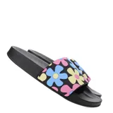 Sandalias negras de goma con estampado de flores en tonos rosa, amarillo y celeste.
