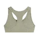 Top deportivo Puma color verde oliva con logo en el centro y banda elástica inferior con la marca Puma en negro y blanco.