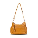 Bandolera color marrón claro de símil cuero, con dos bolsillos frontales paralelos con cierre, apertura superior con doble cierre y divisiones independientes, bolsillos internos y bolsillo trasero con cierre. Incluye correa larga regulable.