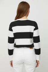 Buzo de manga larga con cuello redondo, estampado de perro Bichon Frise sobre fondo blanco y negro a rayas horizontales anchas.