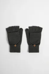 Guantes de punto gris oscuro con diseño convertible: mitones con tapa que se abrocha con botón para convertirse en guantes completos.