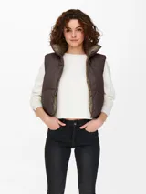 Chaleco puffer marrón con cuello alto y cierre frontal con cremallera.