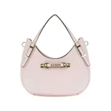 Cartera Guess modelo Lefia, de tamaño pequeño, color rosa con detalles dorados. Tiene asa corta superior y correa larga ajustable y desmontable.