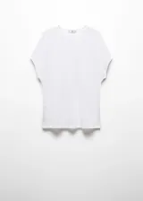 Camiseta de lino a rayas horizontales blancas y negras, de manga corta y cuello redondo.