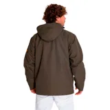 Chaqueta color verde oliva con capucha desmontable, cierre frontal con cremallera y bolsillos laterales.