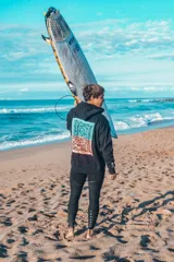 Buzo hoodie negro con estampado en la espalda con el logo de Stussy en colores celeste, naranja y verde.