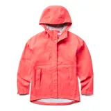 Campera impermeable color coral con capucha, cierre frontal con botones a presión y bolsillos laterales con solapa.