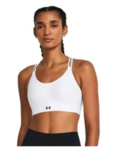 Sostén deportivo Under Armour Infinity Mid 2.0 color fucsia, con tecnología de sujeción que se sincroniza con cada movimiento y relleno de espuma hueca ultraligera.