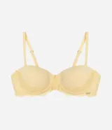 Soutien amarillo sin breteles, con copa y detalle de encaje floral. Incluye breteles removibles y ajustables para usar con o sin breteles.