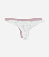 Kit con dos bombachas bikini de algodón, una lisa color lila y otra blanca con estampado floral.